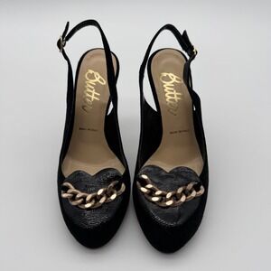 Butter Italy Womens Black Suede Heart Chain Slingback Platform Heels Size 6